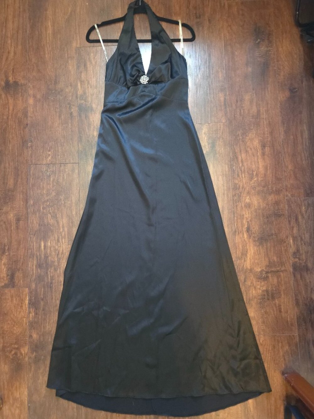 Vintage De Laru Collection Black Satin Halter Gown Rhinestone Detail - Size 5/6